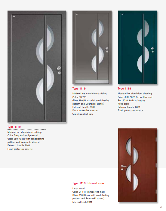 Type 1119 ModernLine – Swarovski Stone Decorative ModernLine Aluminium Clad Door, Glass Pattern, Walnut or Larch Interior, Custom Handles, Advanced Security Built In